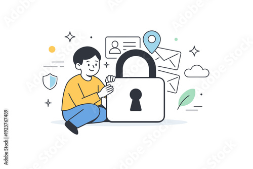 Online privacy protection. A calm character shields personal data icons behind a simple lock, visualizing safety and digital trust. The scene feels reassuring