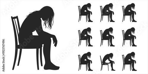 Silhouette of a Sad Person Sitting on a Chair with Multiple Smaller Silhouettes Keywords: sad, silhouette, person, woman