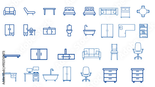 Modern architecture floor plan design featuring detailed furniture icon collection for interior layout blueprint drafting and home planning projects.