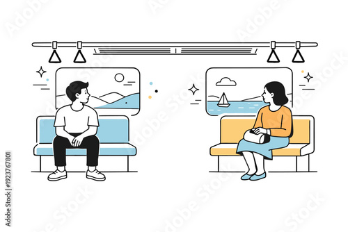 Public transport quiet scenes. Two passengers sitting apart, both looking out opposite windows. Quiet coexistence and personal space.