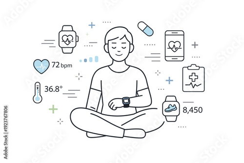Digital health monitoring. Abstract wearable devices and medical data floating around a calm figure. Editorial visualization of remote care