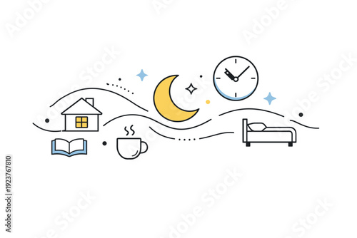 Evening routine. Abstract composition of home icons, moon, clock, and soft stars forming a gentle nightly flow. Feeling of closure, calm, and