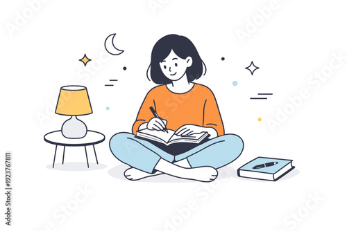 Winding down. Person reading or journaling in a quiet corner, focused and unhurried moment. Book, pen, and lamp elements arranged with plenty