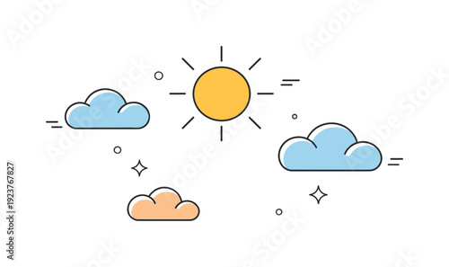 Modern sunny background. Simple sun symbol and floating cloud elements arranged with generous white space. Positive and light mood with