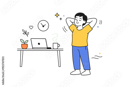 Mindful Desk Break. Mindful work routine. A person taking a short break from a desk, stretching or breathing calmly, with gentle motion accents around. The