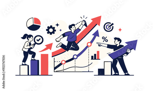 Data analytics dashboard illustration. Abstract graphs rising upward, arrows and indicators