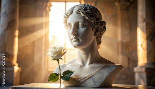 FlyPro Firefly Polished Marble Bust of Serene Figure with White Rose at Base Professional Photography