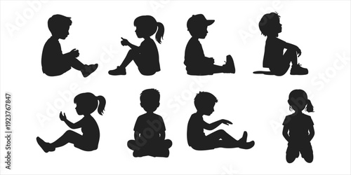 Silhouettes of Children Sitting in Different Poses on White Background kids