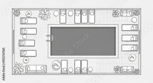 Architectural blueprint of a luxurious outdoor swimming pool area with lounge chairs.