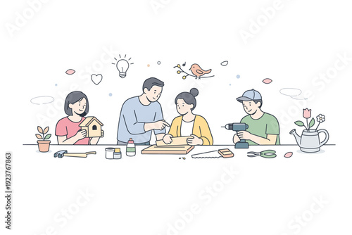 Minimal spring workshop composition. A wide layout with a few participants, simple tools, and soft seasonal accents. Space, calm interaction,