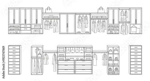 Detailed architectural sketch of a modern wardrobe and storage system design.