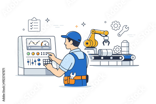 Machine operation workflow. A mechanic adjusts settings on a control panel while machinery runs smoothly in the background. The illustration highlights