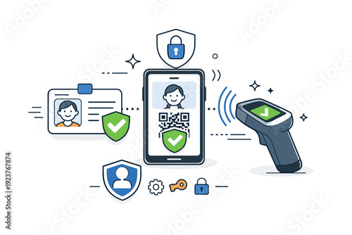 Digital badge verification concept. Abstract interaction between ID cards, smartphones, and scanners, visualizing secure authentication and identity