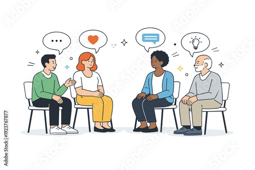 Social workers and psychologists. Characters sitting in a small group session, sharing thoughts through calm speech bubbles and attentive