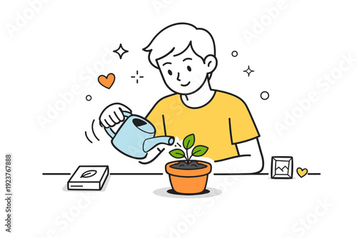 Simple plant care routines. A person watering a small houseplant with a simple watering can, calm focused posture and gentle motion lines.