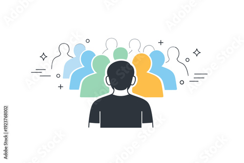 People merging with crowds. A figure seen from behind becoming visually similar to others ahead, colors and outlines softly repeating. Quiet