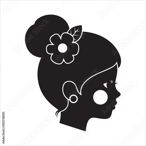 Silhouette of a cute girl profile with a flower in her hair bun illustration