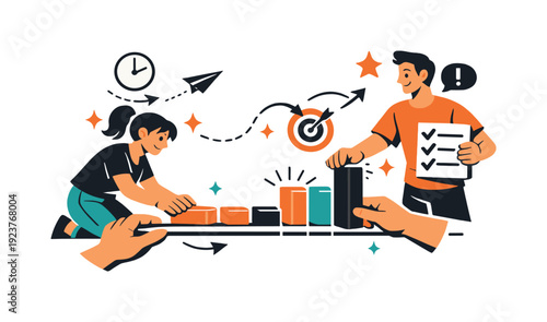 Daily planning. Hands arranging colorful blocks on a timeline, priorities snapping into