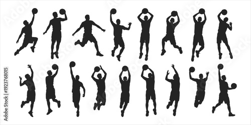 Silhouettes of Basketball Players in Action Poses with Balls Keywords: basketball, player, silhouette, action, sport, game, jump
