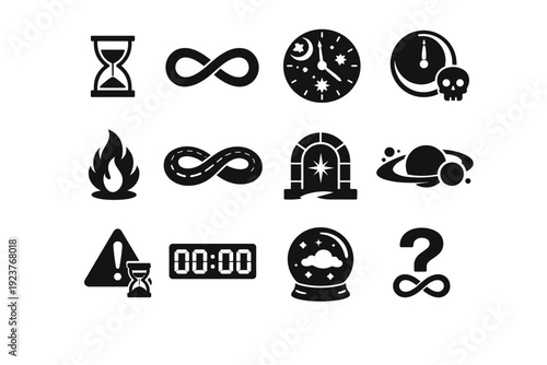 Time and Eternity Icons. Solid icon set of time and eternity icons: hourglass running out, endless loop, celestial clock, final hour icon,