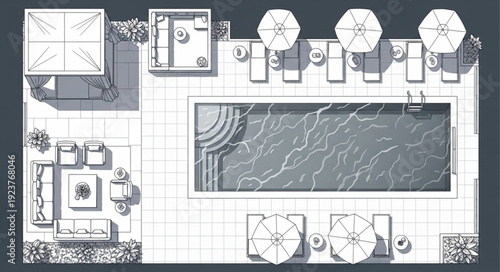 Luxury outdoor swimming pool with lounge chairs and umbrellas for relaxation.