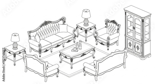 Elegant living room furniture arrangement featuring sofas, chairs, tables, and a cabinet.