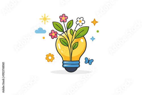 Floral Light Bulb. Spring creative process focused on a light bulb growing leaves and small flowers, expressing fresh ideas, inspiration, and seasonal renewal