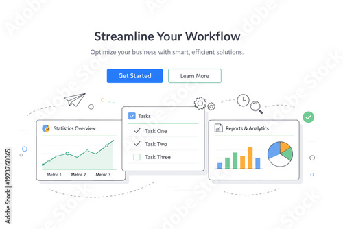 SaaS hero section design. Clean interface panels with text placeholders and subtle motion lines, expressing efficiency and smart solutions. Calm and focused