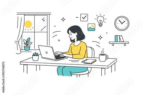 Women indoors with natural light. A woman working at a desk near a window, sunlight touching the workspace. Calm productivity, balanced