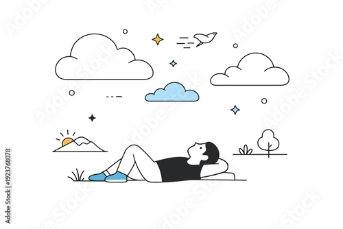 Looking up at sky outdoors. A figure lies on the ground or sits on a bench, eyes directed upward toward clouds. Peaceful rest and gentle sense of openness.