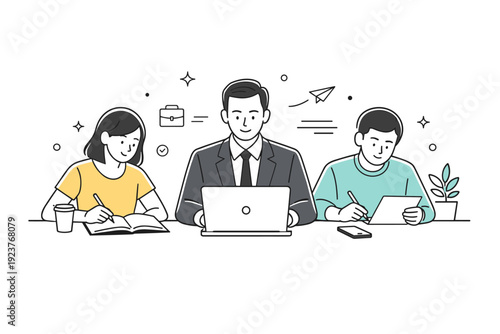 Leading by example. A professional works alongside others, focused and composed, without gestures or speech bubbles. The illustration conveys