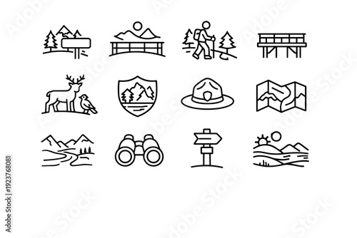 Protected Landscapes. Line icon set of Protected Landscapes: national park sign, scenic overlook, hiking trail, observation deck, protected