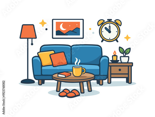 Cozy living room scene with blue sofa, coffee table, and bedside lamp