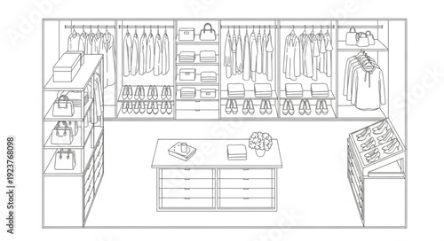 Elegant walk-in closet design with organized clothing and storage solutions.