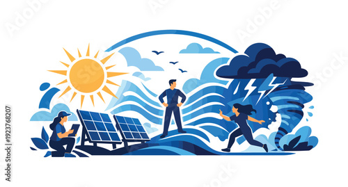 Renewables against climate extremes. Solar farms glowing under intense sun while cooling
