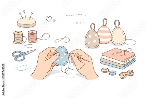 DIY fabric egg ornaments. A person hand-stitching small egg shapes from leftover cloth and linen, turning them into hanging ornaments. Calm crafting moment