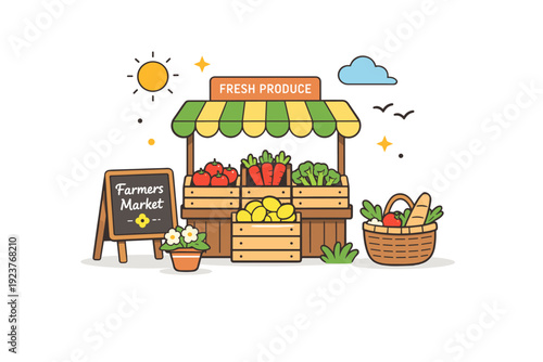 Spring farmers market a minimal outdoor market vignette with one main produce display and supporting elements, creating a clear metaphor for