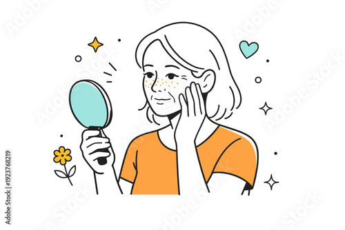 Wrinkles freckles realism. A person looking into a small mirror, gently touching their face, freckles and fine lines clearly visible. Quiet moment of