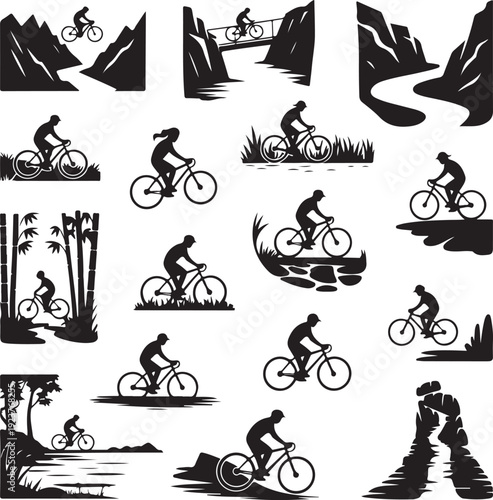 black silhouettes of people riding bicycles in various outdoor settings