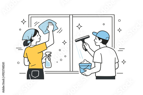 Windows being washed. Two people quietly clean different parts of the same window, movements unhurried and coordinated. Calm collaboration in