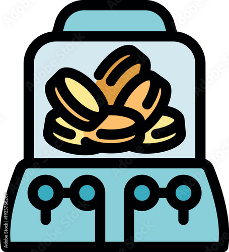 Claw crane arcade game machine filled with gold coins for winning prizes at the carnival or amusement park