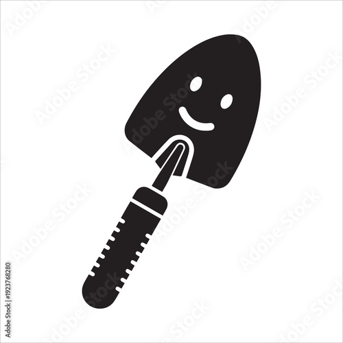 Cute smiling garden trowel tool illustration, happy gardening and planting