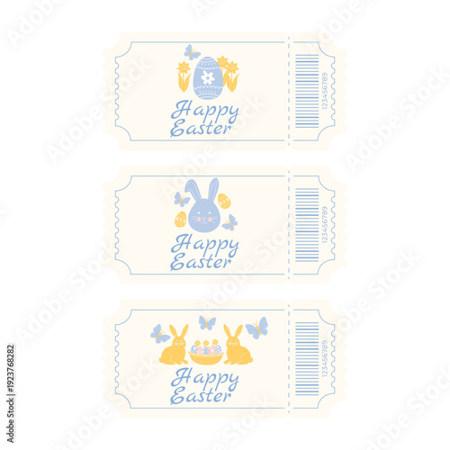 Spring Easter festival admission ticket set with eggs baskets bunnies flowers and butterflies pastel flat vector template