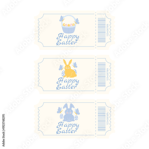 Easter holiday festival ticket template set with eggs baskets bunnies and butterflies pastel vector event design