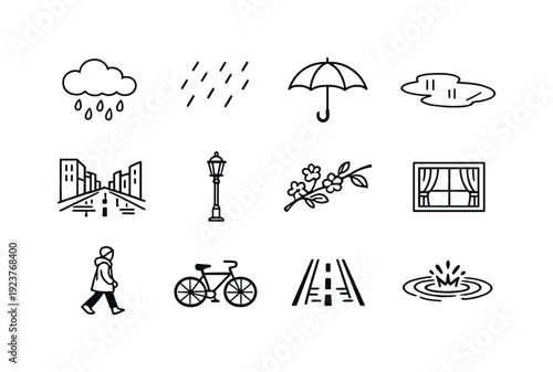 Spring rain city mood. Line outline icon set of Spring rain city mood: rain cloud, falling