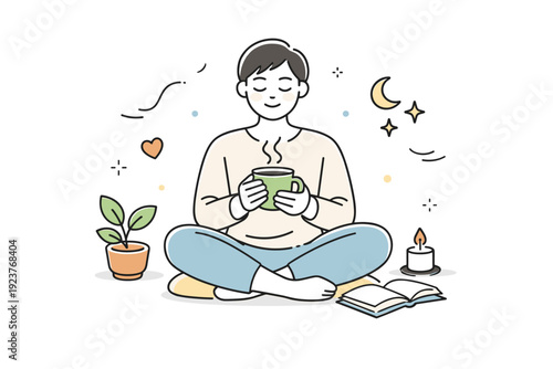 Mindful beverage pause. A person sitting in a quiet space with hands around a warm caffeine-free drink, enjoying a short mindful moment. The