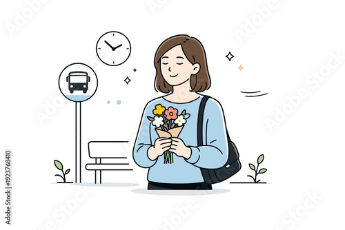 Women smiling naturally with flowers in everyday life. A woman holds flowers while doing something simple, like waiting, walking, or standing still. The scene