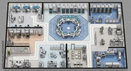 Detailed architectural blueprint showcasing a futuristic interior design with advanced technology and equipment.