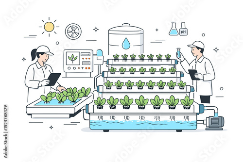 Hydroponic crop system illustrations. Modern indoor farming with plants growing in water-based systems, clean and controlled environment.