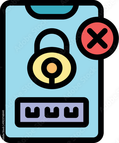 Mobile phone displaying wrong password attempt and locked padlock, symbolizing security access denial and login problems